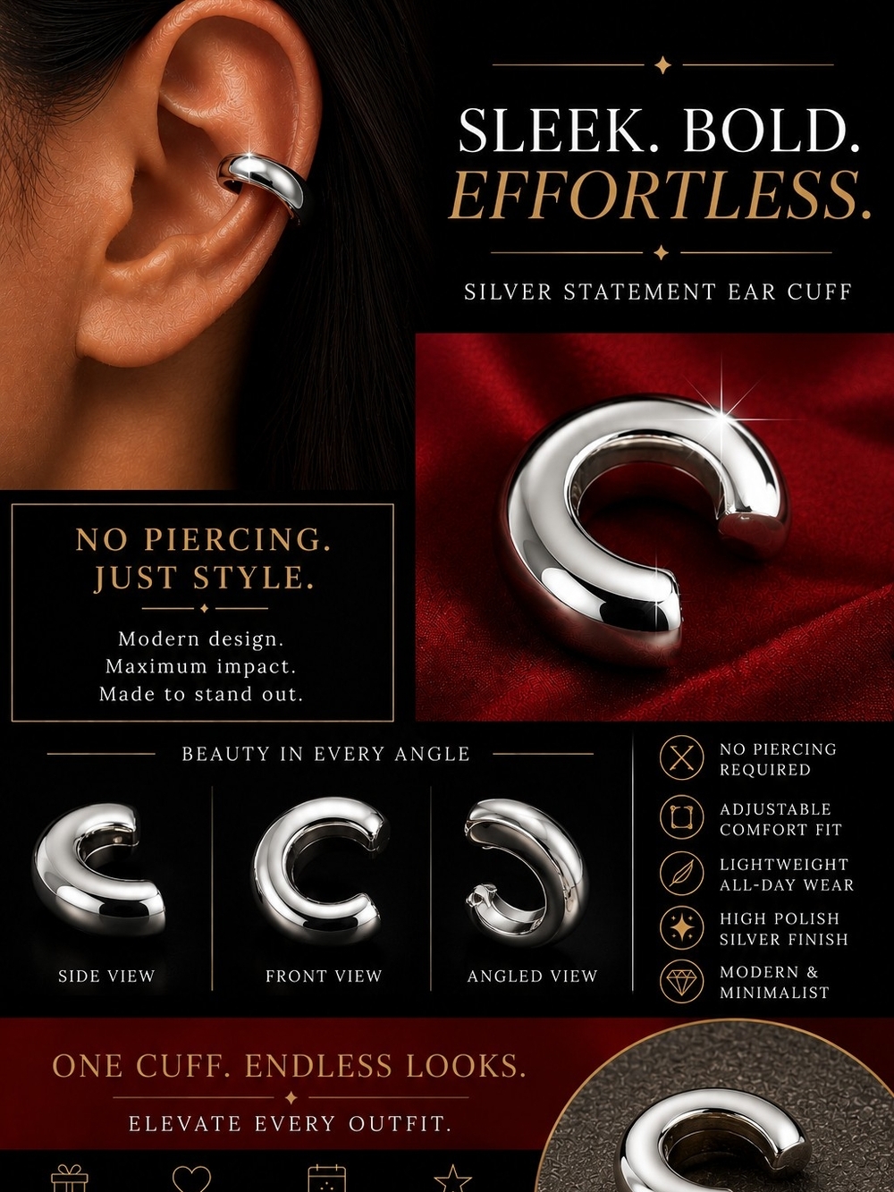 Silver Statement Ear Cuff - Sleek Minimalist No-Pierce Hoop